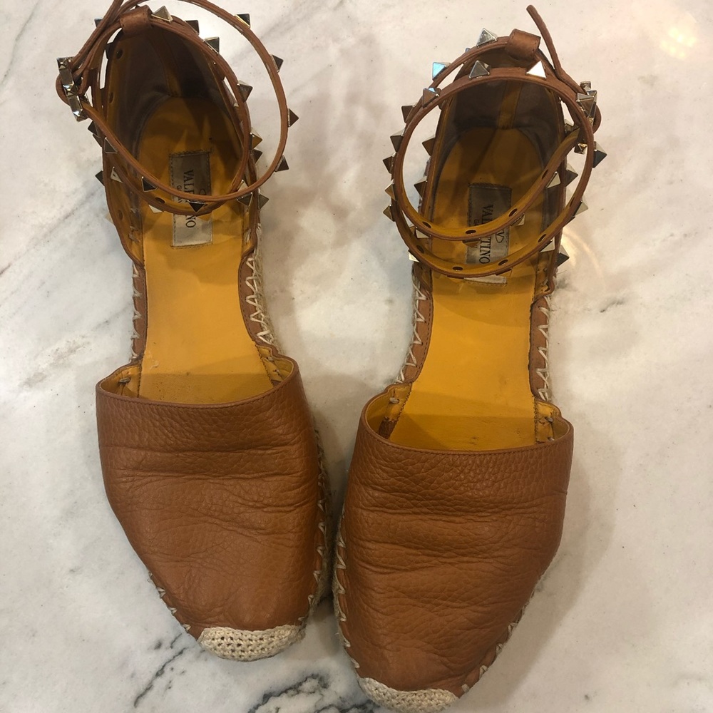 Valentino Rockstud Cognac Leather Espadrille Flat